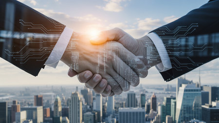 Double exposure of handshake of business people over cityscape background. Teamwork conceptの素材