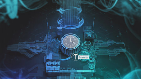 Conceptual background image with clock against circuit board on dark backgroundの素材