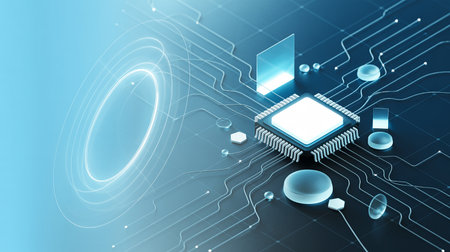 Circuit board with processor on blue background, 3d illustration.の素材
