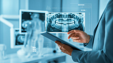 dentist with tablet pc and x-ray image of teethの素材