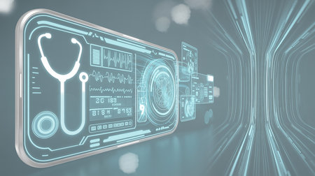 Futuristic hologram with a stethoscope on a blue background 3D renderingの素材