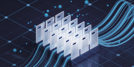 Data center on blue background. Technology and communication concept. 3D Renderingの素材