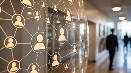 Blurry image of people silhouettes and social network connection in officeの素材