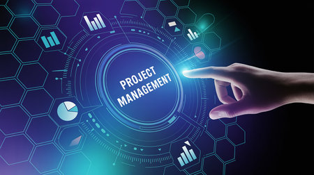 Project management hologram on virtual screen. Business, Technology, Internet and network concept.の素材