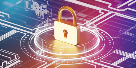 3D rendering of a padlock on a digital circuit board backgroundの素材