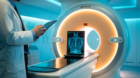 Doctor with tablet pc and MRI scanner in hospital. Medical technology conceptの素材