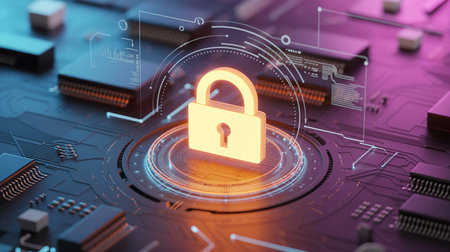 Cyber security concept with padlock on circuit board 3D renderingの素材