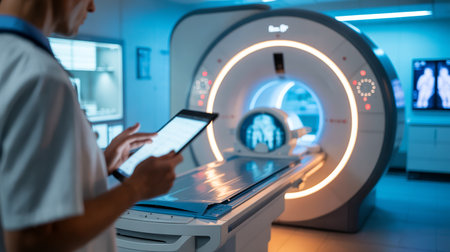 Doctor using digital tablet in computed tomography scanner room at hospital.の素材