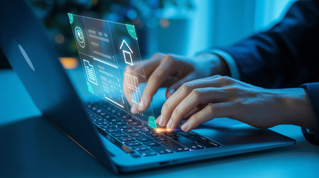 Close up of businesswoman working on laptop at night. Mixed mediaの素材