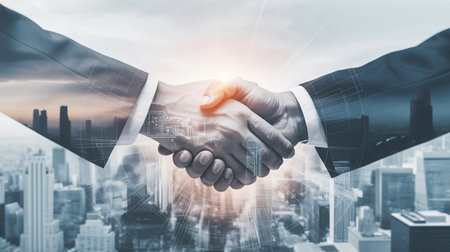 Double exposure of business handshake on city background. Partnership and teamwork concept.の素材