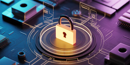 Cyber security concept. Lock on circuit board. 3d illustrationの素材