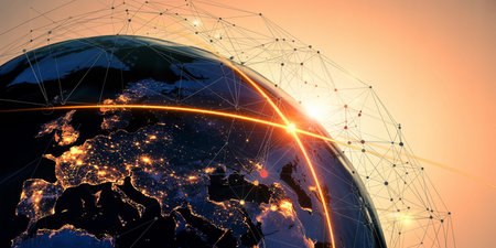 Global network connection over the world. 3d rendering toned imageの素材