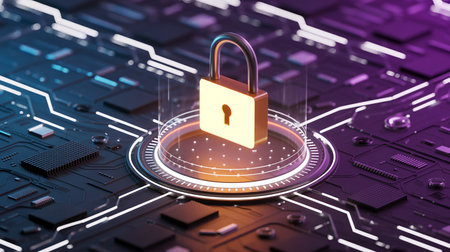 Cyber security concept with padlock on circuit board 3D renderingの素材