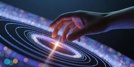 Finger touching abstract digital hologram screen. Technology and future conceptの素材