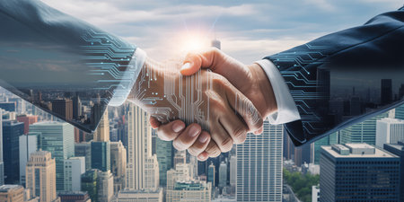 Partnership concept. Close up of two businessmen shaking hands over cityscape backgroundの素材