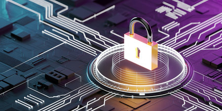 Cyber security concept with padlock on circuit board. 3D renderingの素材