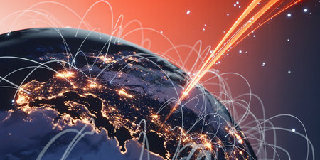Global network connection over the globe 3D rendering elements of this image furnished by NASAの素材