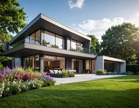 3d rendering of modern cozy house with pool and parking for sale or rentの素材