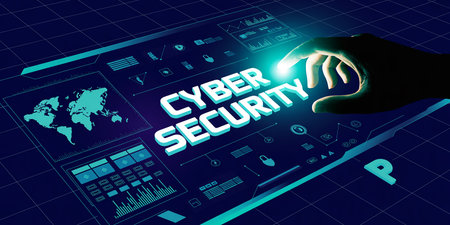 Cyber security theme with hand pressing a button on a virtual screenの素材