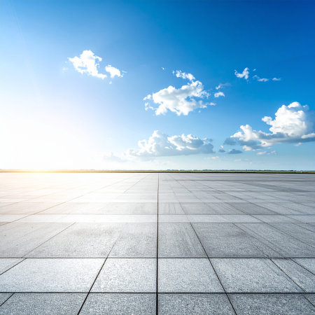 empty square floor and blue sky with white clouds background,high angle viewの素材