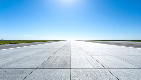 Empty floor and blue sky with clouds background. Perspective view of empty square floor and blue sky background.の素材