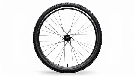 Bicycle wheel isolated on white background. 3D rendering. Front view.の素材