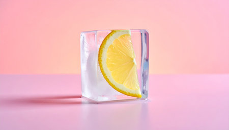 Ice cubes with lemon slice on pink background. Minimal concept.の素材