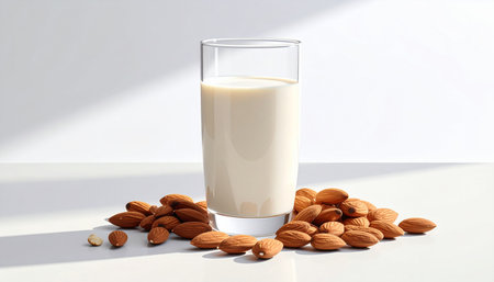 Almond milk in a glass and almonds on a white background.の素材