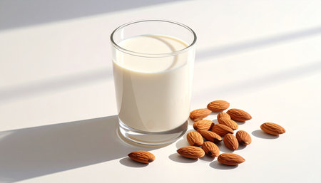 Almond milk in a glass with almond nuts on a white backgroundの素材