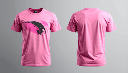 pink t-shirt mockup, front and back view on grey backgroundの素材