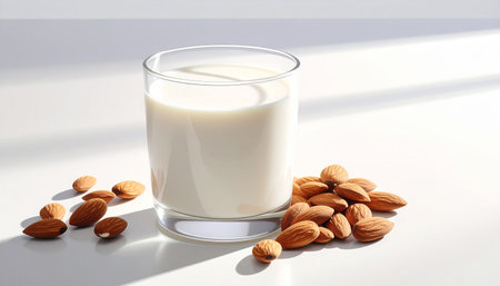 Almond milk in a glass with almonds on a white background.の素材