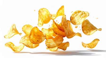 Potato chips flying isolated on white background. Fast food concept.の素材
