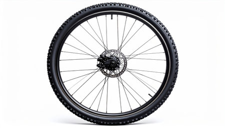 Bicycle wheel isolated on white background. 3D rendering. Front view.の素材