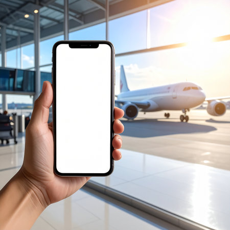 Mockup image of a hand holding smartphone with isolated screen over blurred airport background.の素材