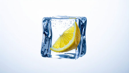 Ice cube with lemon slice isolated on white background. 3d illustrationの素材