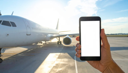 hand holding smart phone with blank screen on airport runway and airplane backgroundの素材