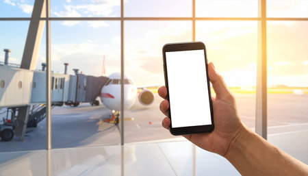 male hand holding smart phone with isolated screen and airplane in the backgroundの素材