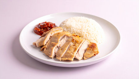 Hainanese chicken rice on a white plate with tomato sauceの素材
