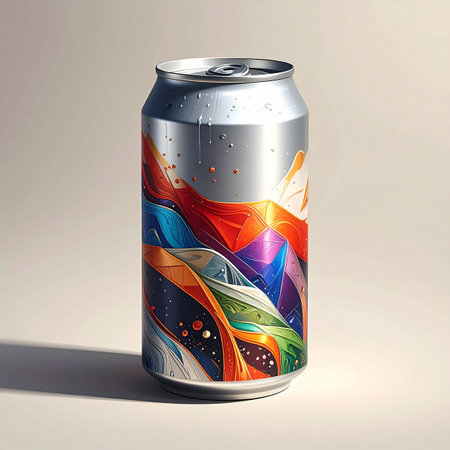 Aluminum soda can with abstract colorful design. 3D illustration.の素材