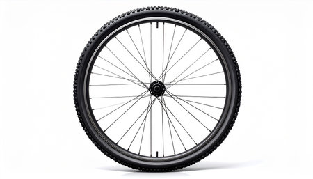 Bicycle wheel isolated on white background. 3D rendering. Front view.の素材