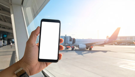 Mockup image of a hand holding mobile phone with blank screen over blurred airport backgroundの素材