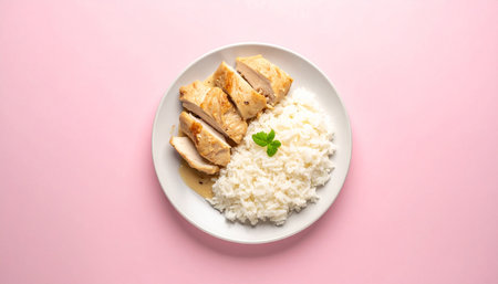 Hainanese chicken rice in a white plate on pink backgroundの素材