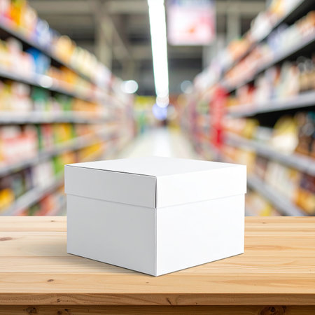 Blank white box on wooden table over blurred supermarket background, product display montageの素材