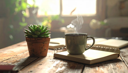 Coffee cup and notebook on wooden table in coffee shop.の素材