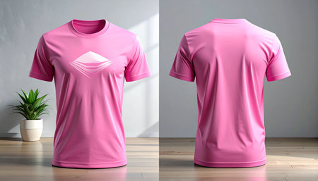 Front and back views of pink t-shirt mockup with shadow 3D renderingの素材