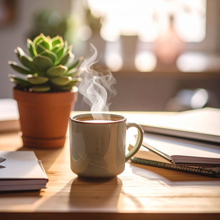 Coffee cup on wooden table in coffee shop, stock photoの素材