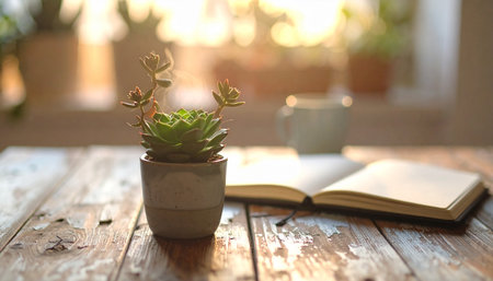 Succulent plant and notebook on wooden table. Selective focus.の素材