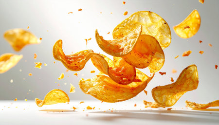 Crispy potato chips flying in the air on a white backgroundの素材