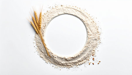 Wheat ears and flour on white background, top view. Space for textの素材