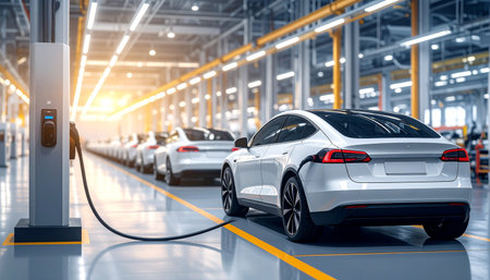 Charging an electric car in a car service station. 3d renderingの素材